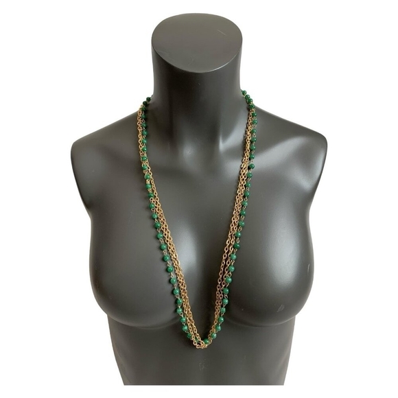 HongKong Gold Tone Chain Necklace Green Beads Multilayered Oversized Jewelry 32" - Picture 3 of 5